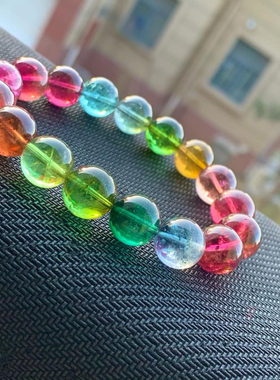 巴西水晶7A+典藏级巴西冰种玻璃体老矿彩虹碧玺手链糖果单圈手串