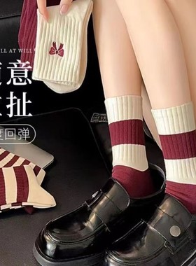 网红爆款学生潮流安可拉红色蝴蝶结袜子百搭女中筒秋冬款条纹袜