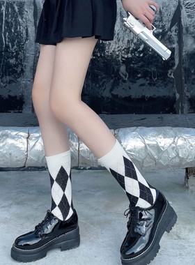 少女菱格拼接袜子女秋冬ins黑色白色中筒袜日系常规菱形棕色均码