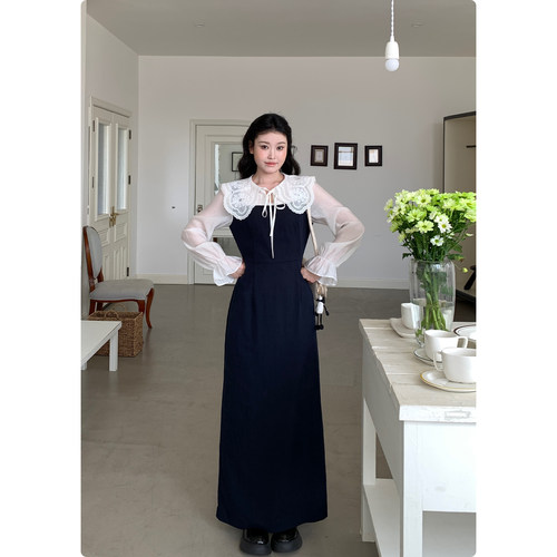 糕冷圆脸[半糖韩女]韩系娃娃领连衣裙花边拼接假两件显瘦长裙