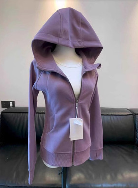 紫色修身卫衣外套女款2025新款秋季正肩开衫运动穿搭套装连帽上衣