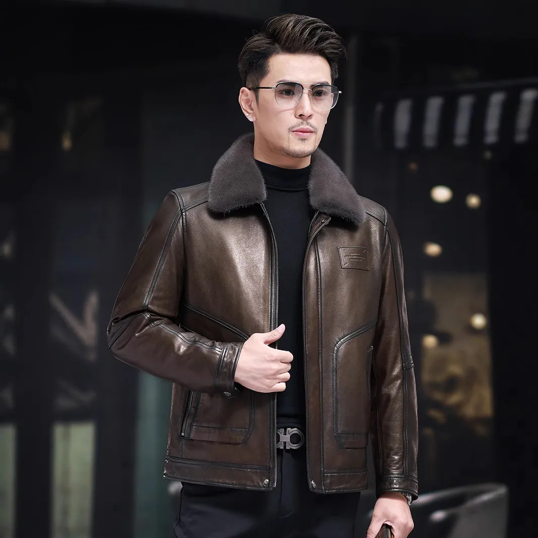 皮夹克男款2024新款秋冬绵羊皮羽绒服水貂领休闲修身真皮皮衣外套