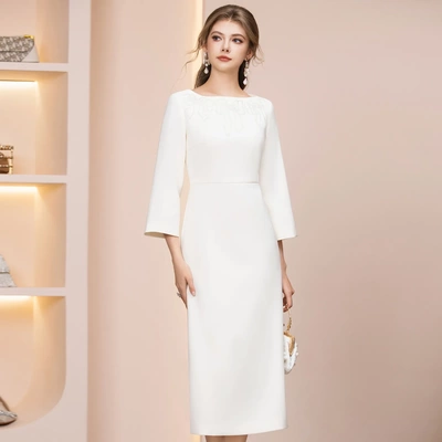 智丽御姐轻熟绝美连衣裙白色重工钉珠九分袖高腰廓形长裙2026春季