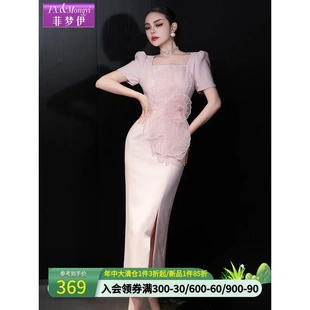气质女人味修身 菲梦伊进口三醋酸立体花朵连衣裙女夏装 方领礼服裙