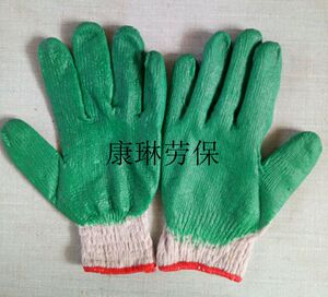 直销绿平板乳胶浸胶工作劳保手套 涂胶半挂手套耐磨防滑棉线手套
