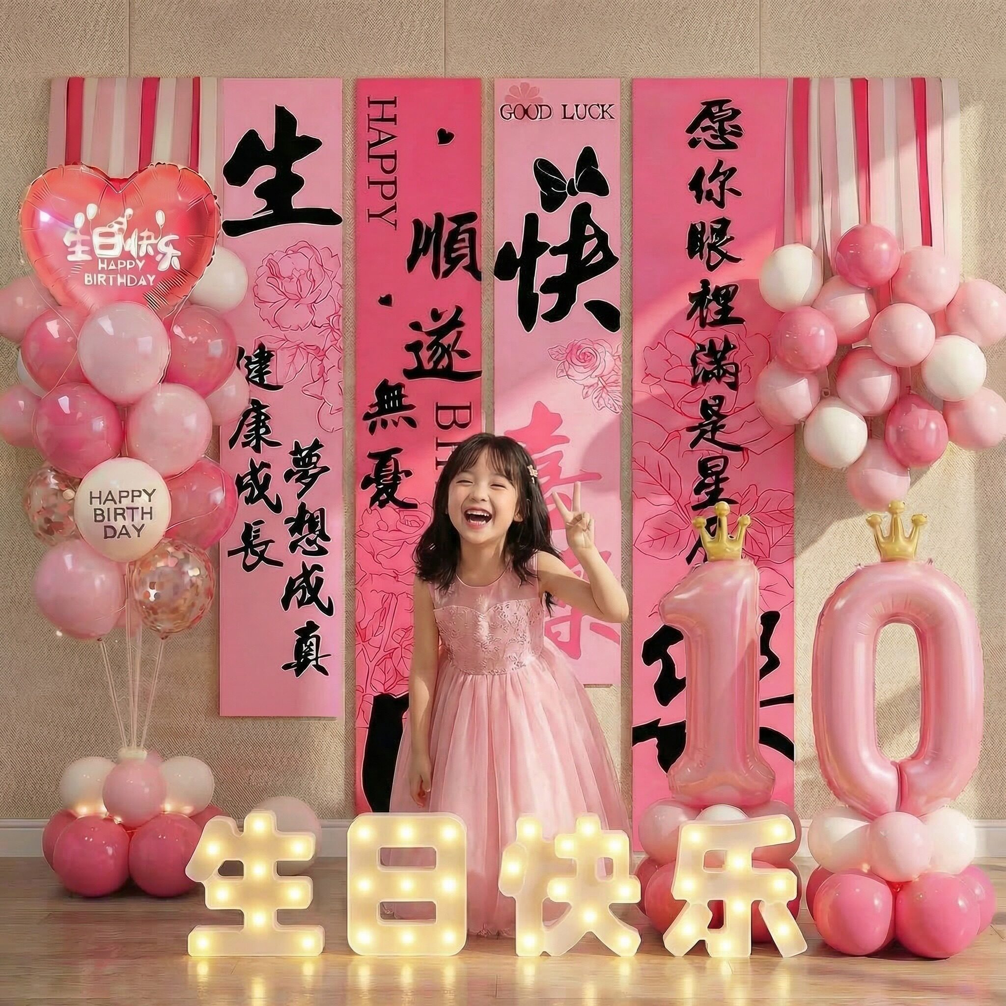 男女孩十周岁生日快乐仪式感派对儿童气球场景布置条幅挂布背景墙