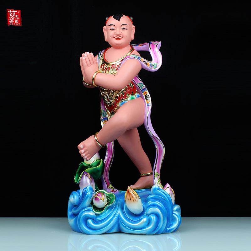 哪吒三太子中坛元帅香樟木雕家用客厅摆件脚踏莲花像寺庙中式