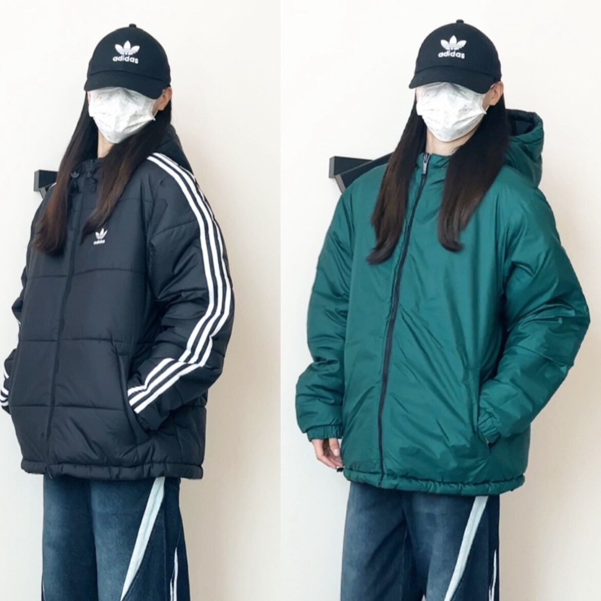 阿迪达斯三叶草男女同款双面穿冬季保暖连帽棉服三条纹外套HZ0690