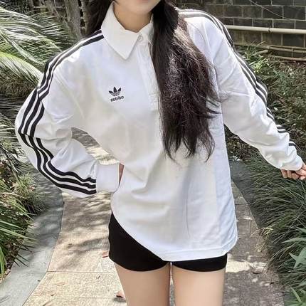 阿迪达斯三叶草男女同款学院风POLO衫复古条纹白色长袖T恤IZ2459