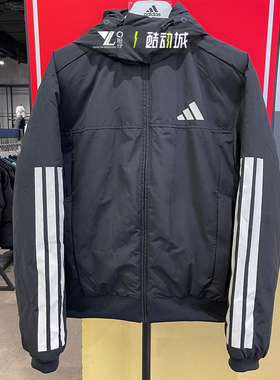 正品Adidas阿迪达斯男子三条纹休闲保暖黑色连帽羽绒服夹克JG3845
