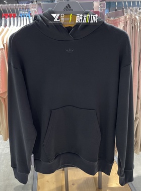 阿迪达斯三叶草女子针织水钻大logo套头衫黑色宽松连帽卫衣IT9701