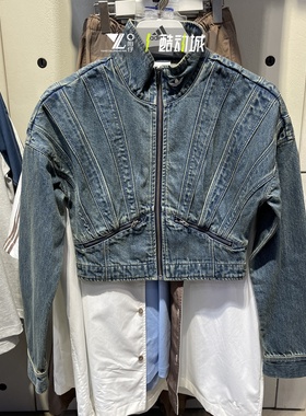 阿迪达斯三叶草女子短款复古蓝色牛仔外套防风立领运动夹克KH1183