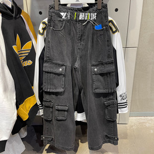 阿迪达斯三叶草男子25年新款工装风牛仔裤多口袋阔腿裤长裤JY0203
