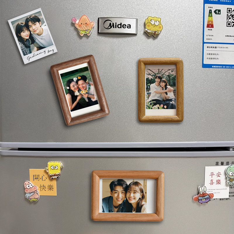 冰箱贴磁吸相框实木迷你3寸小卡相片证件照七夕节打印拍立得照片