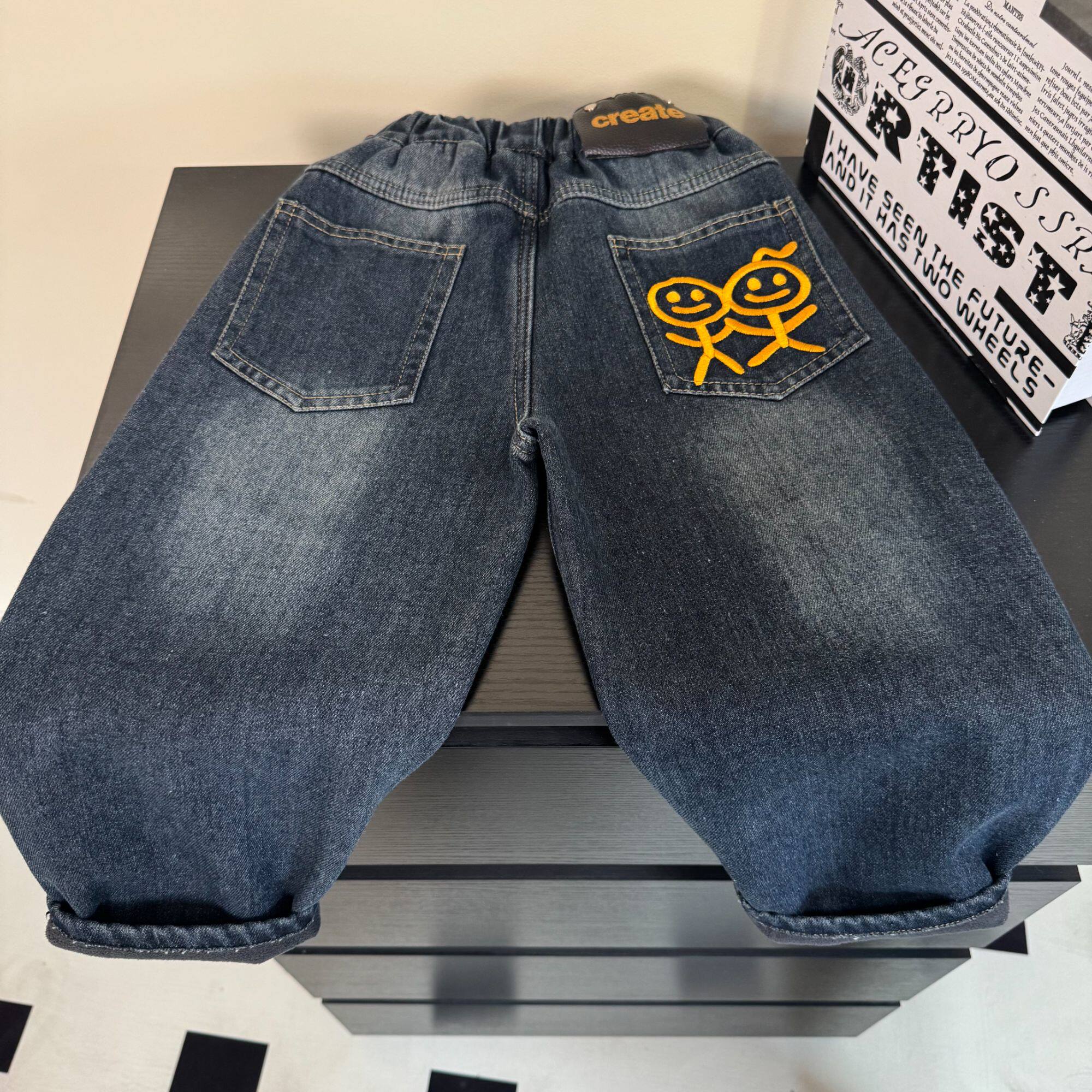 UM【火柴人】男女童冬上新韩版加绒牛仔裤