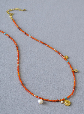 法式小众设计复古文艺红色串珠不对称金币挂坠简约气质项链锁骨链