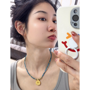 欧美小众复古刻面磷灰石串珠恶魔之眼彩色锆石金币个性项链锁骨链