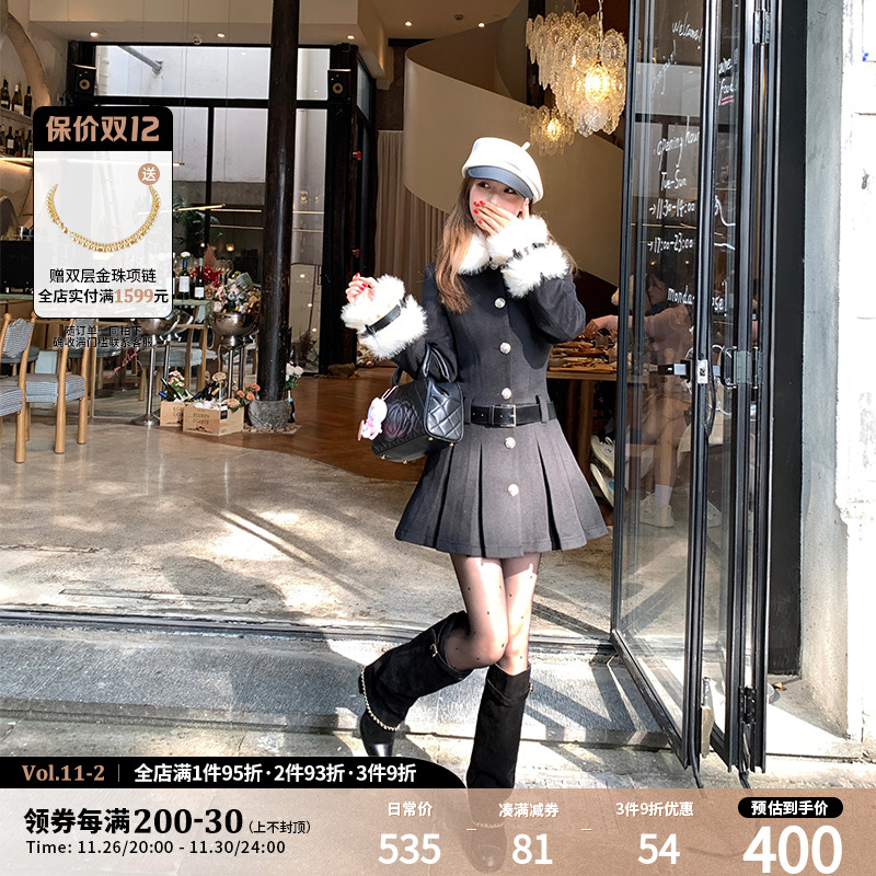 NIMO WANG【晚风与你】贵气黑色毛呢连衣裙女秋冬高级感百褶裙