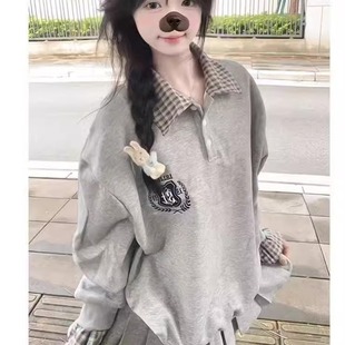 女童春秋款 卫衣女大童学院风上衣 美式 复古假两件拼接格子polo领衫