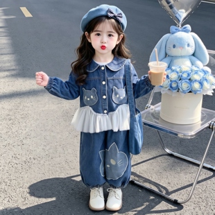女童卡通猫咪拼接网纱牛仔套装2026秋季新款小女孩时髦洋气两件套