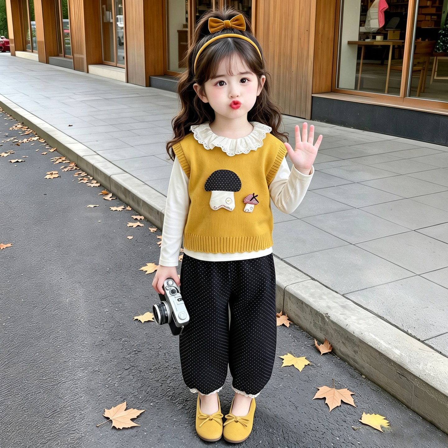 女童毛衣马甲套装春季2026新款儿童花边阔腿裤三件套宝宝春秋衣服