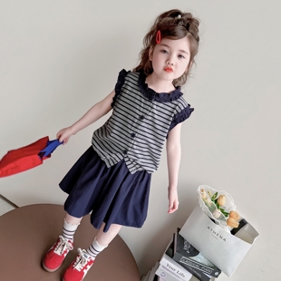 女童夏套装2026新款女孩夏季木耳边条纹上衣超好看儿童薄款裙裤子