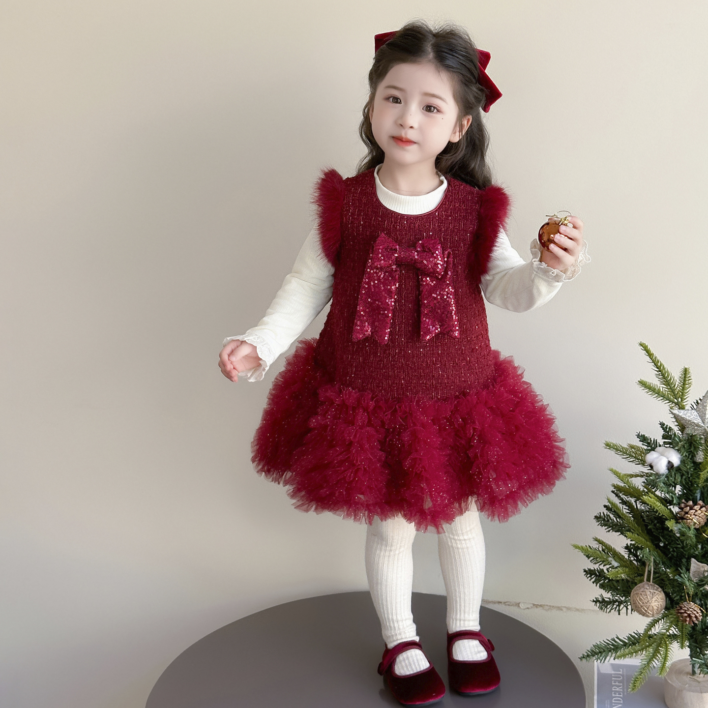 女童加绒连衣裙秋冬2025新款洋气女宝宝蛋糕裙冬装儿童裙子两件套