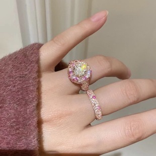 S925纯银玫瑰殿下红刚玉粉钻甜甜圈中古风戒指女合集叠戴美拉德风