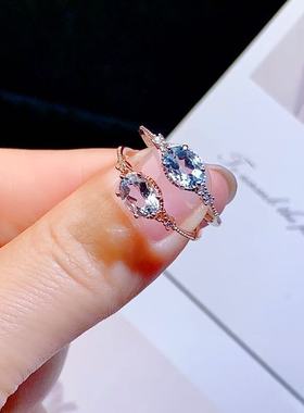 天然海蓝宝镶S925纯银戒指日韩轻奢小清新小众设计百搭彩宝首饰指