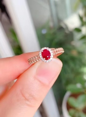 S925纯银镶天然鸽血红红宝戒指简约时尚百搭彩宝首饰指环女