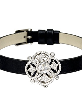 通体S925个性设计潮人拉丝黑皮带满钻四叶草爆闪手环精致可做项链