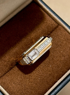 S925纯银欧美双色拼色满钻方形戒指双拼梯方钻老钱风高级感指环