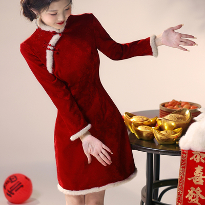 2025新款红色旗袍2025新款秋冬季拜年服女新中式小个子敬酒服订婚