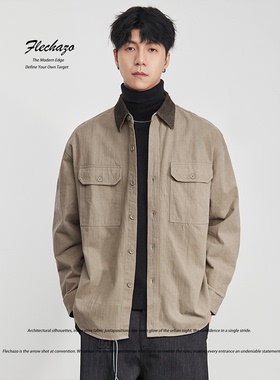 春季新款轻熟巴恩风撞色翻领衬衫男复古宽松休闲叠穿工装衬衣外套