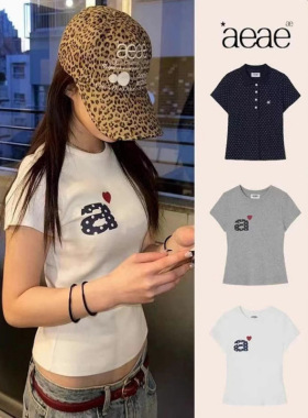 韩国潮牌aeae爱心a字母T恤女25夏季修身短款学院风波点POLO领短袖