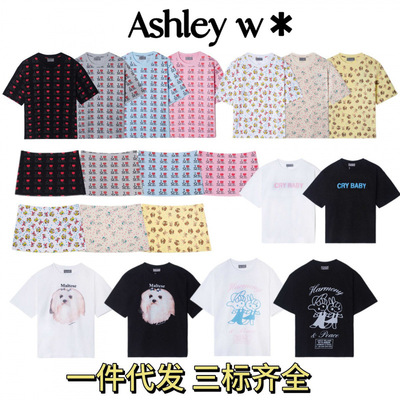 欧美潮牌Ashley W*美式满印短袖韩式休闲宽松情侣圆领T恤男女上衣