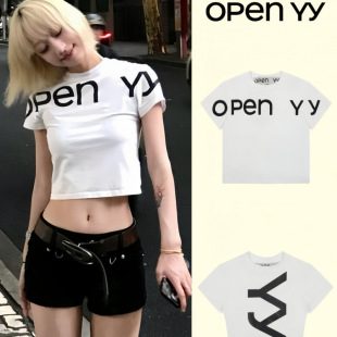显瘦新款 露腰修身 T恤openyy上衣女夏 yy字母印花短袖 韩国潮牌open