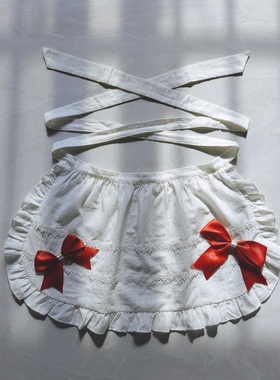 跨境新款白色洛丽塔中华风可爱女仆围裙条纹布料蕾丝花边设计百搭