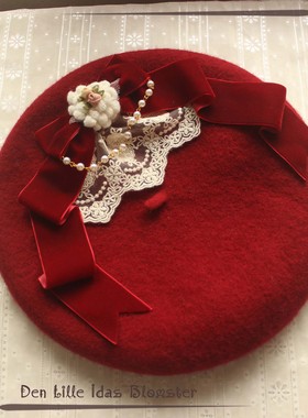 【idas】-帷幕-lolita手作 优雅珠链缎带蕾丝华丽羊毛贝雷帽/烧饼