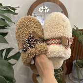 羊皮毛一体蝴蝶结毛毛拖鞋 河南桑坡麦克斯羊卷毛绒包头拖鞋 秋冬季