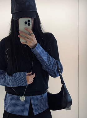 深圳南油精品小众设计师女装叠穿天花板蓝格miu系衬衫衬衣上衣