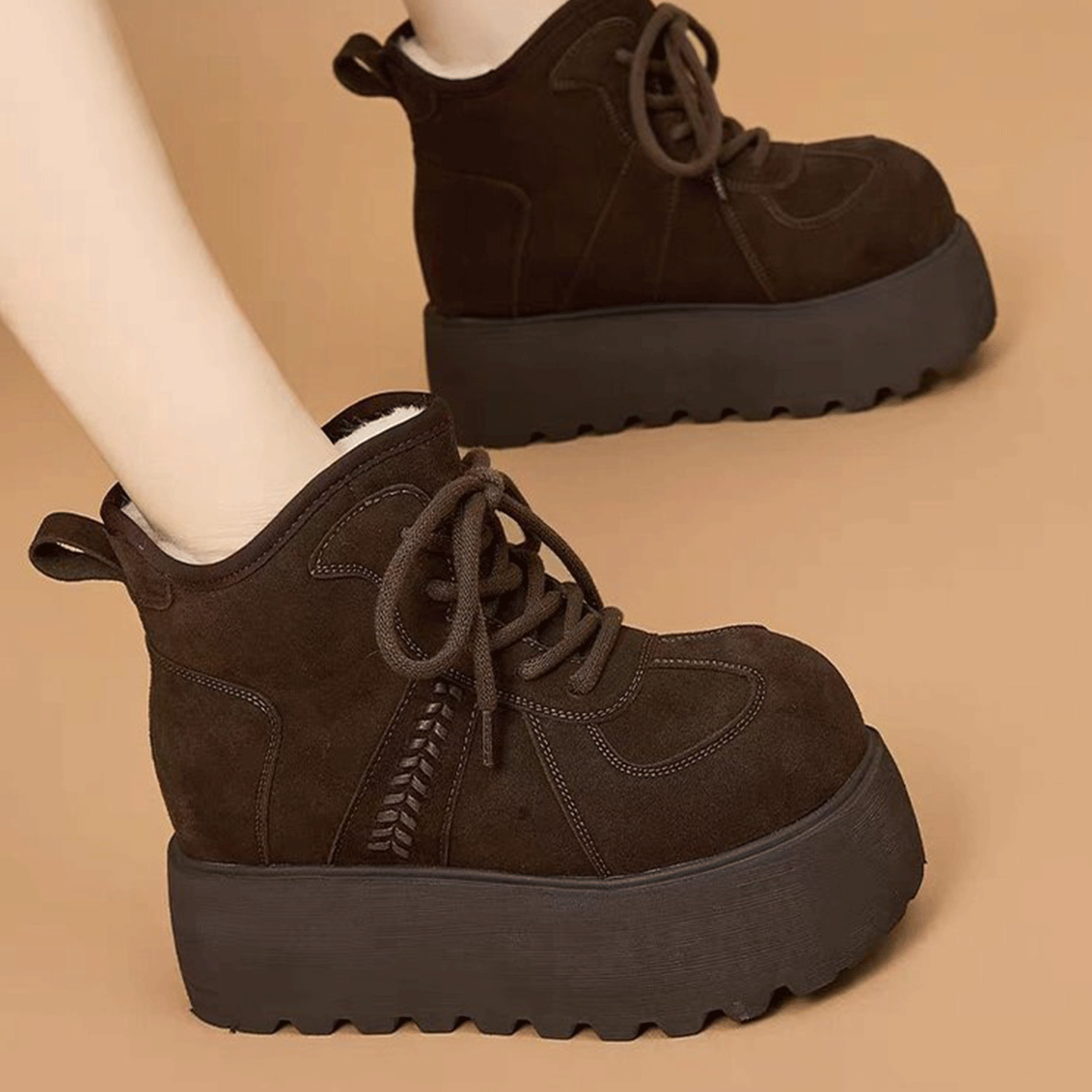 韩版松糕厚底防滑雪地靴女冬季加绒加厚保暖内增高小个子系带棉鞋