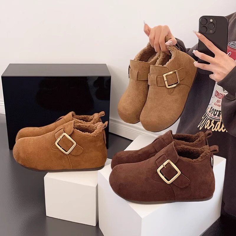 加绒勃肯鞋女冬季一脚蹬反绒皮金属扣大头内增高雪地靴保暖棉鞋子