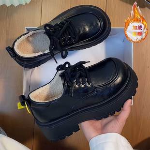 英伦风小个子厚底增高鞋女黑色圆头系带加绒保暖小皮鞋防滑厚底鞋