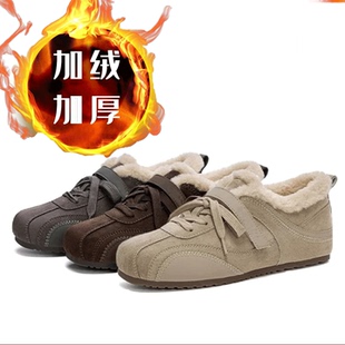 平底休闲百搭软底棉鞋 保暖系带魔术贴雪地鞋 女冬季 加绒加厚德训鞋
