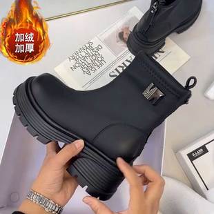 厚底小个子加绒保暖马丁靴女秋冬新款 黑色百搭后拉链显瘦增高短靴