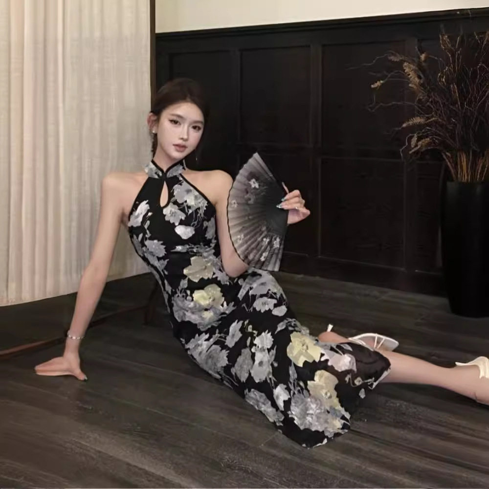 新中式改良旗袍无袖挂脖连衣裙女