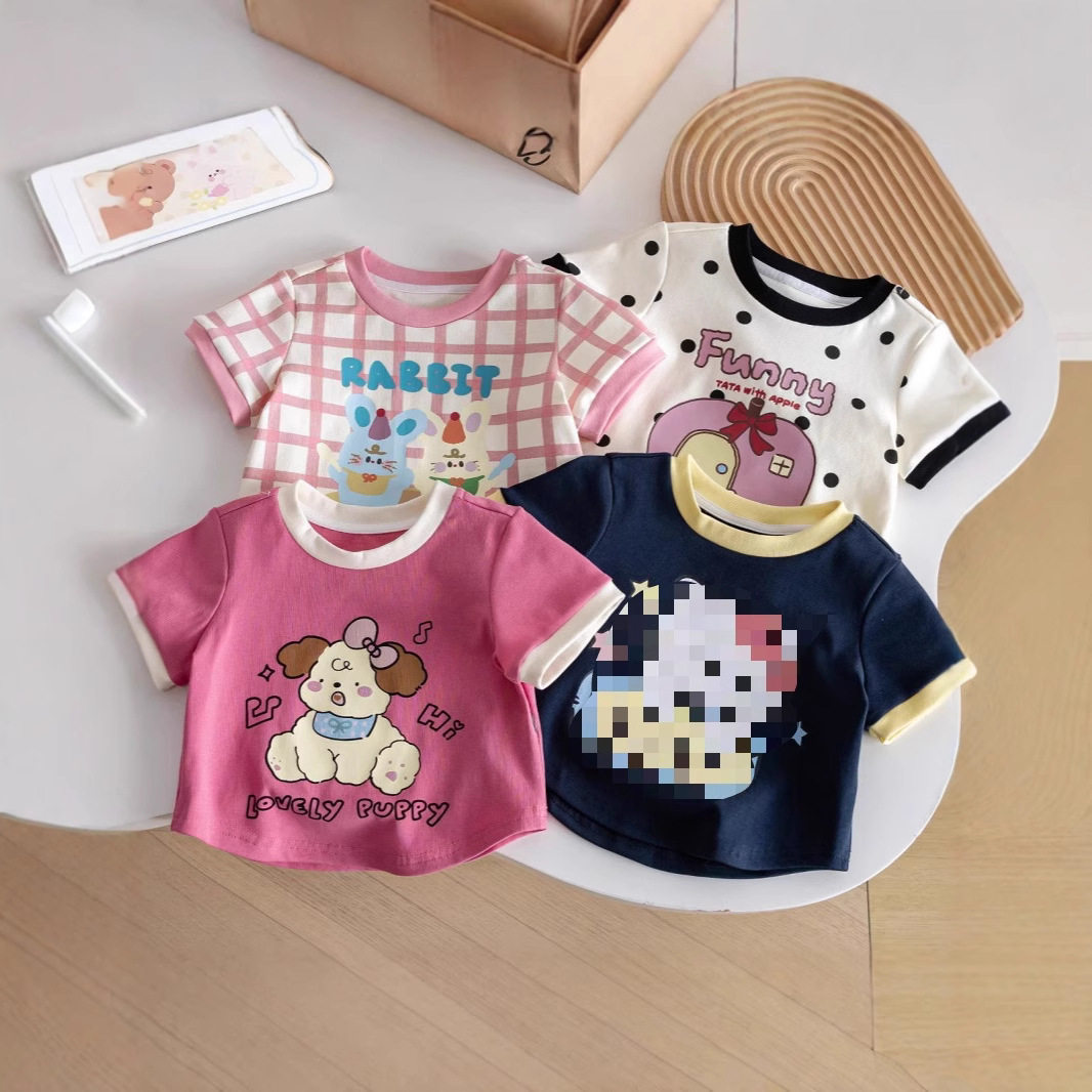 夏季纯棉女童短袖T恤 洋气可爱宝宝波点格子上衣时尚圆弧下摆1-10,童装/婴儿装/亲子装,T恤,淘宝优惠券,粉丝福利购,淘宝优惠卷