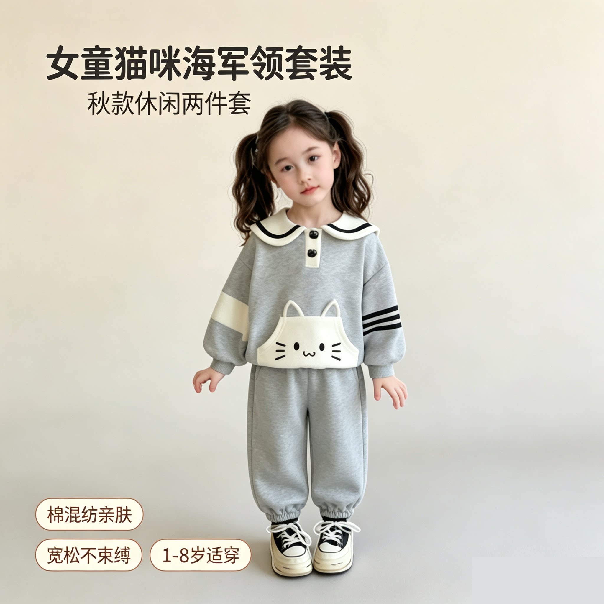 女童卡通套装秋款儿童海军领卫衣条纹卫裤子女宝宝运动休闲两件套