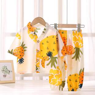 儿童绵绸睡衣套装 夏季人造棉空调服 男女童棉绸家居服两件套童装